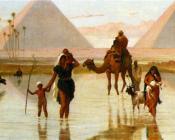 弗雷德里克 古德尔 : Arabs Crossing A Flooded Field By The Pyramids